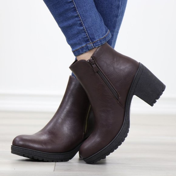 Brown Synthetic Leather Chunky Lug Block Heel Round Toe Ankle Boots - Picture 6 of 11